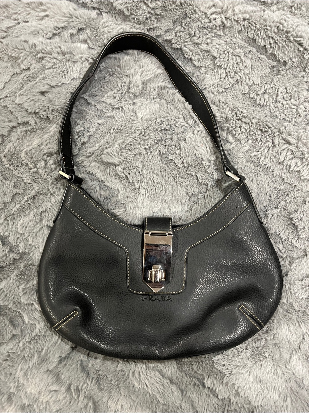 Black Leather Shoulder Bag with Silver Hardware